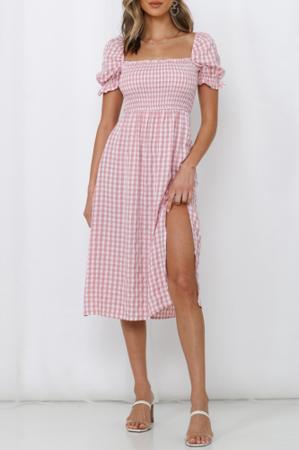 Elegant Plaid High Opening Fold Square Collar A Line Dresses