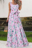 Casual Print Patchwork O Neck Cake Skirt Dresses