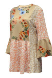 Fashion Print Patchwork Contrast O Neck Tops