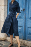 Casual Solid Patchwork Turndown Collar Waist Skirt Dresses