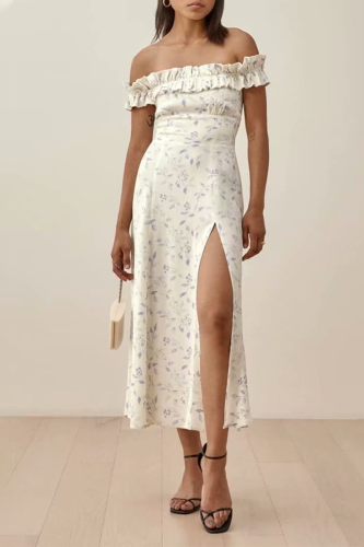 Elegant Floral Slit Stringy Selvedge Off the Shoulder Dresses