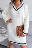 Casual Striped Patchwork Contrast V Neck A Line Dresses Sweater (Without Belt)