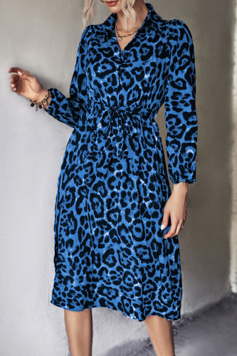 Sexy Print Leopard Patchwork Buckle Turndown Collar Shirt Dress Dresses