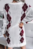 Casual Geometric Patchwork Contrast V Neck Dresses Sweater (Without Belt)