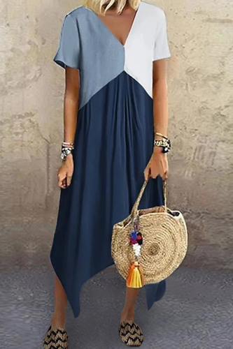 Casual Patchwork Fold Contrast V Neck Irregular Dress Dresses