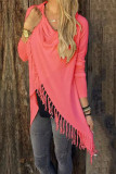 Wisherryy Solid Color Casual Fringe Long Sleeve T-Shirt