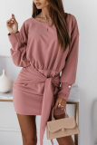 Casual Solid Bandage Patchwork O Neck Pencil Skirt Dresses