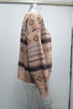 Casual Geometric Patchwork Buckle V Neck Outerwear Sweater