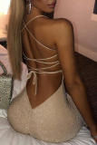 Sexy Solid Sequins Spaghetti Strap Irregular Dress Dresses
