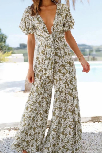 Fashion Sexy Print Patchwork V Neck Loose Jumpsuits