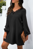 Casual Patchwork Lace Contrast V Neck A Line Dresses