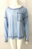 Casual Patchwork Pocket O Neck Tops