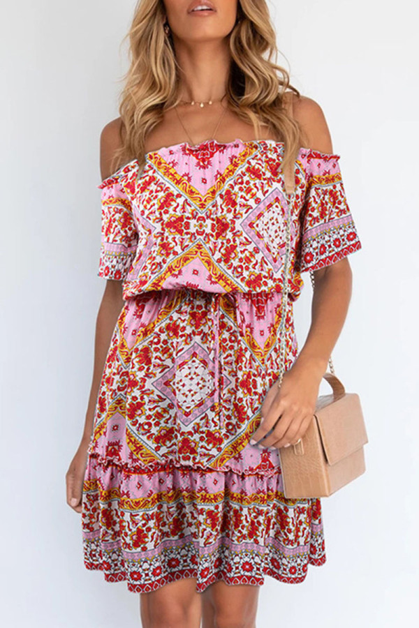Fashion Elegant Print Patchwork Off the Shoulder A Line Dresses