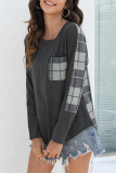 Casual Plaid Patchwork Pocket O Neck Tops