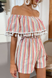 Casual Print Tassel Off the Shoulder Straight Rompers
