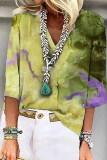 Fashion Patchwork Tie-dye V Neck T-Shirts