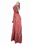 Casual Print Patchwork Halter Cake Skirt Dresses