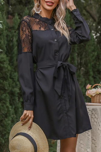 Fashion Elegant Solid Lace Buckle See-through A Line Dresses