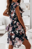 Fashion Elegant Floral Patchwork Flounce O Neck A Line Dresses