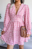 Casual Elegant Floral Patchwork Stringy Selvedge V Neck Waist Skirt Dresses