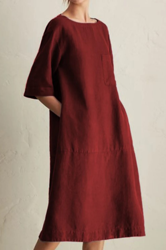 Casual Solid Patchwork Pocket O Neck A Line Dresses