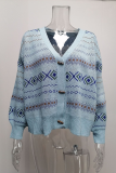 Casual Geometric Patchwork Buckle V Neck Outerwear Sweater