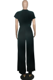 Casual Solid Patchwork V Neck Straight Jumpsuits