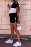 Fashion Print Patchwork Turndown Collar Short Sleeve Two Pieces