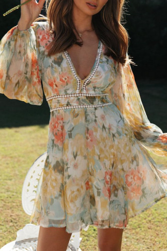 Fashion Street Print Patchwork V Neck A Line Dresses