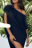 Fashion Casual Solid Patchwork Oblique Collar Irregular Dresses