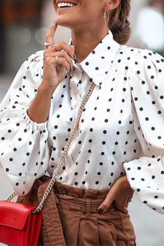 Fashion Elegant Polka Dot Patchwork Buckle Turndown Collar Tops