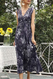 Fashion Street Print Patchwork V Neck Waist Skirt Dresses