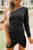 Casual Solid Patchwork Oblique Collar Pencil Skirt Dresses