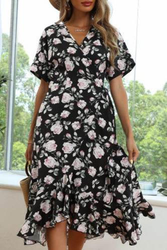 Fashion Elegant Floral Patchwork Flounce V Neck A Line Dresses