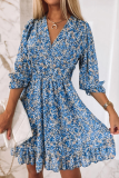 Casual Print Patchwork V Neck Waist Skirt Dresses