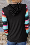 Casual Print Draw String Pocket Hooded Collar Tops