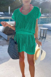 Casual Solid Mesh V Neck Waist Skirt Dresses