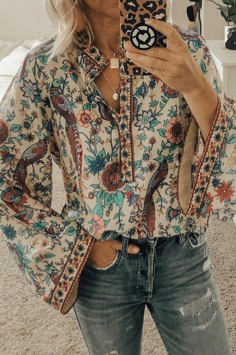 Street Print Patchwork Buttons Mandarin Collar Tops