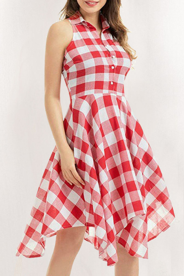 Fashion Casual Plaid Patchwork Turndown Collar Irregular Dresses