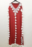 Fashion Street Solid Tassel Patchwork V Neck Straight Dresses
