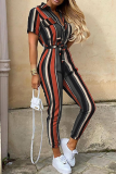 Casual Solid Buckle With Belt Turndown Collar Jumpsuits