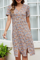 Elegant Floral Patchwork Slit V Neck A Line Dresses