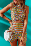 Fashion Striped Hollowed Out O Neck Pencil Skirt Dresses