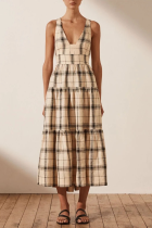 Casual Plaid Patchwork V Neck Waist Skirt Dresses