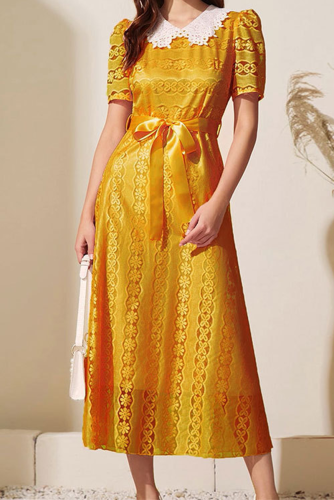 Elegant Patchwork Hollowed Out With Belt Peter Pan Collar A Line Dresses
