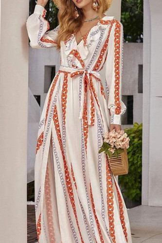 Fashion Sweet Print Patchwork V Neck A Line Dresses