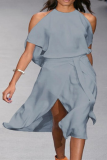 Fashion Solid Patchwork O Neck Waist Skirt Dresses