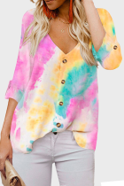 Casual Tie Dye Patchwork Buckle V Neck Tops