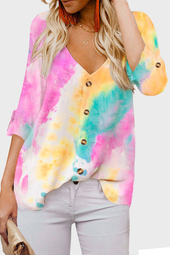 Casual Tie Dye Patchwork Buckle V Neck Tops