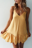 Casual Solid Flounce Off the Shoulder Cake Skirt Dresses